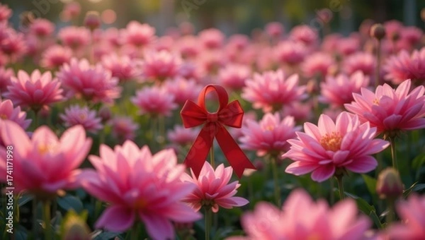 Fototapeta Vibrant Lotus Flowers in a Tranquil Garden Setting with a Decorative Red Bow
