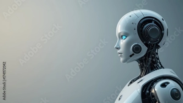 Fototapeta Futuristic Robot Android Portrait with Metallic Skin and Blue Eyes Against Soft Gradient Background