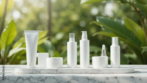 Fototapeta Assorted Skincare Products Displayed on a Marble Surface with Lush Greenery in Background