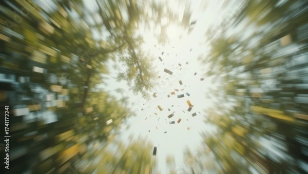 Fototapeta Dynamic Perspective of Colorful Leaves Falling Through Sunlit Forest Canopy with Motion Blur