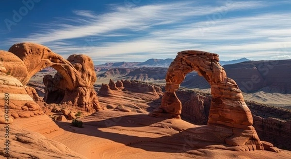 Obraz Majestic sandstone arches stand prominently under a vibrant blue sky, showcasing the natural beauty of the desert landscape.