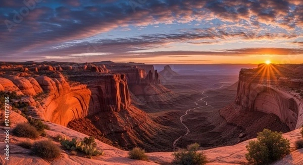 Obraz Majestic canyon landscape bathed in the warm glow of a vibrant sunset, showcasing dramatic rock formations.