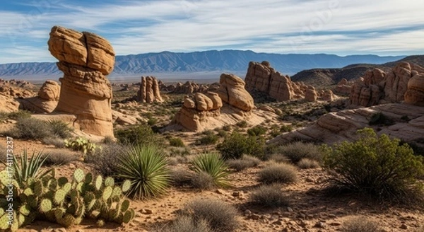 Obraz Scenic desert landscape with towering rock formations, sparse vegetation, and distant mountains under a partly cloudy sky.