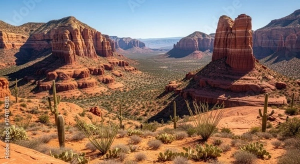 Obraz Expansive desert landscape featuring towering red rock formations under a clear blue sky, showcasing natural beauty.