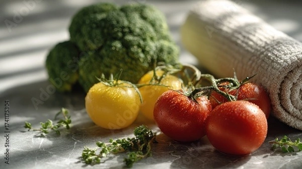 Fototapeta Freshly Harvested Vegetables Displayed with a Rolled Towel in a Studio