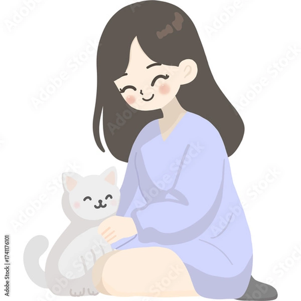 Fototapeta A sweet illustration of a kindness girl  gently petting a white cat.