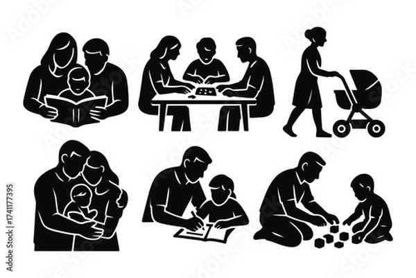 Obraz family time silhouette icons ,reading, playing, stroller, parenting