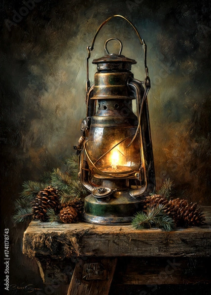 Fototapeta A warm light glows from a vintage lantern, illuminating a rustic wooden table adorned with pine cones. The cozy ambiance suggests a tranquil evening in a woodland retreat.