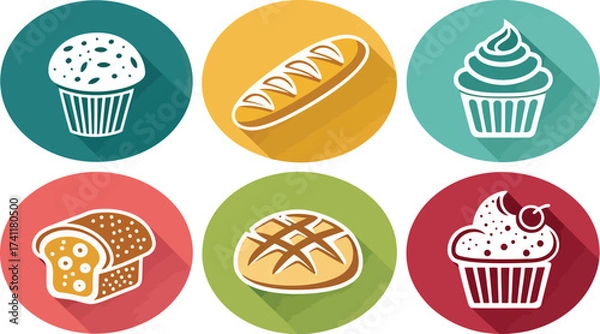 Fototapeta Colorful assortment of bakery icons representing fresh bread muffins and cupcakes on a clean background