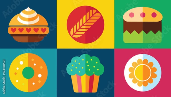 Fototapeta Colorful assortment of sweet baked goods in a flat vector style perfect for bakery promotions
