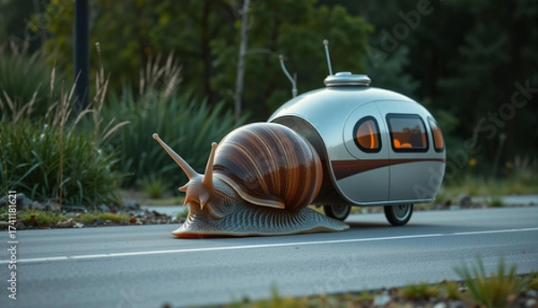 Fototapeta A giant snail tows a caravan. 