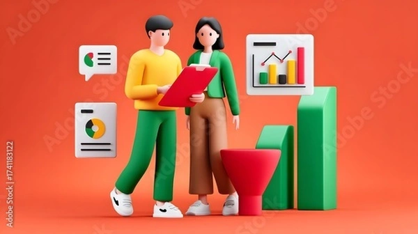 Fototapeta Two colleagues, a man and a woman, standing in front of a digital display and discussing business analytics, data reports, and charts as part of their collaborative strategy