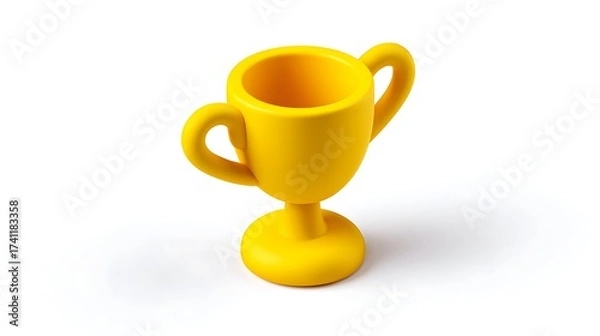 Fototapeta A bright yellow plastic trophy cup on a plain white background, representing achievement, success, and victory.