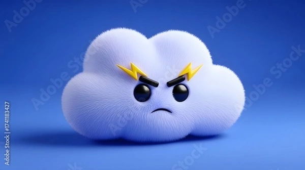 Fototapeta A fluffy, white cloud-shaped character with a furrowed brow and pointed, yellow lightning bolt eyes, expressing an angry or displeased emotion against a vibrant blue background.