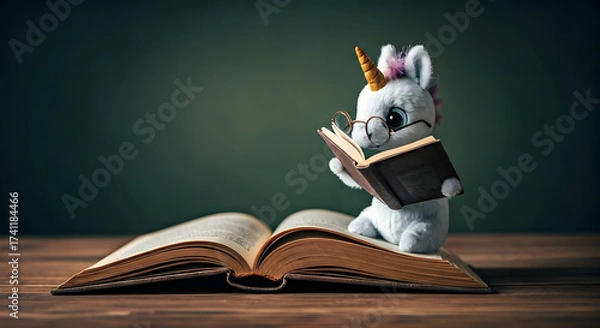 Obraz Bookworm Unicorn with tiny glasses and a book