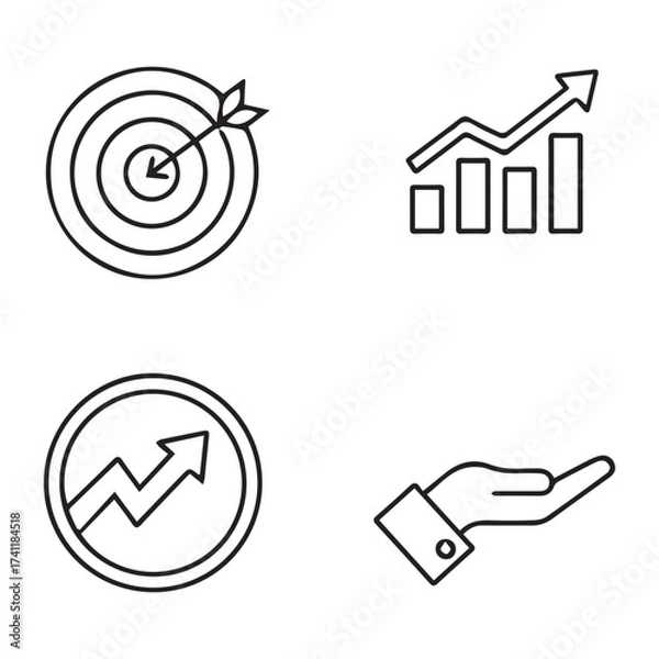 Fototapeta Business and finance icons, target, growth chart, coin and hand isolated on white background