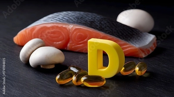 Fototapeta Closeup view of healthy food ingredients including fresh salmon fillet, eggs, and vitamin supplements arranged on a dark background.