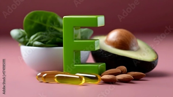Fototapeta A close-up view of an avocado, green leaves, and various nutritional supplements like vitamin capsules and oils on a vibrant pink background, showcasing a healthy, natural and balanced lifestyle.