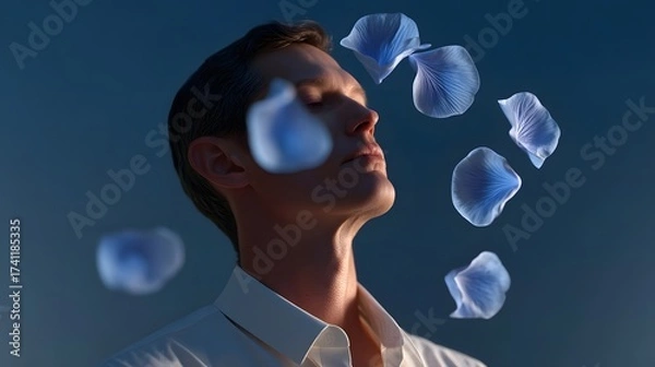 Fototapeta A person in a state of peaceful contemplation, surrounded by delicate, ethereal flower petals that seem to float around them, creating a serene and introspective atmosphere.