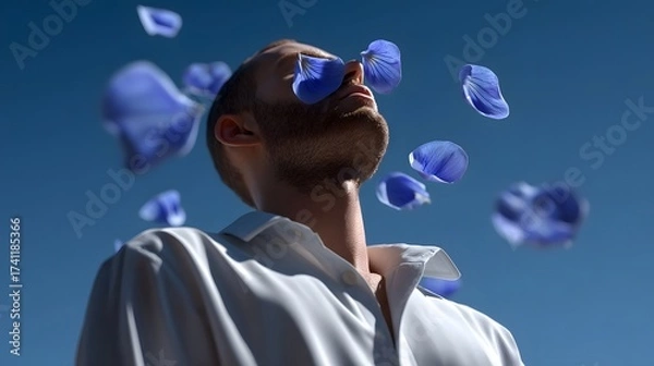 Fototapeta A thoughtful man appears to float amidst a serene, dreamlike scene of delicate, swirling flower petals, creating a contemplative and visually striking image.