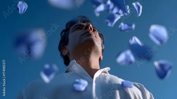 Fototapeta A person lost in thought as delicate, ethereal petals float around them in a tranquil, dreamy blue-toned setting