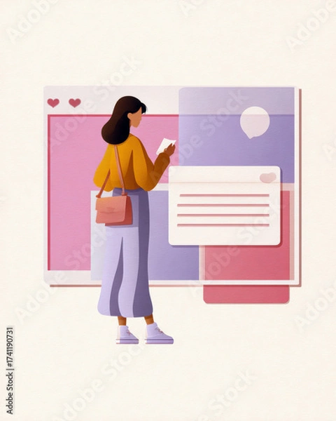 Obraz Woman in yellow sweater using a phone in front of a stylized social media interface.