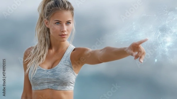 Fototapeta Tech-Savvy Athlete with Virtual Dashboard in Innovative VR Fitness Program Outdoor Training Environment Fitness Concept