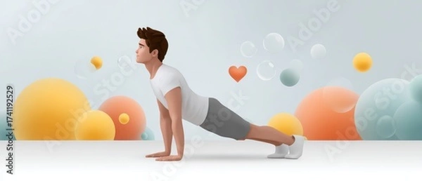 Fototapeta Young Man in Pushups at a Virtual Reality Fitness Bootcamp Indoor Setting Health and Wellness Environment