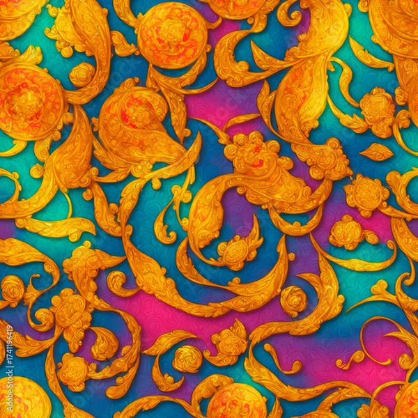Fototapeta Seamless pattern, textile. Intricate Golden Ornamentation Swirls and Flowers on a Bright Gradient Background