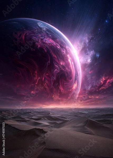 Fototapeta A vibrant planet glows in the twilight sky, casting colors over vast desert dunes. The otherworldly scene evokes wonder, blending sandy textures with celestial beauty.