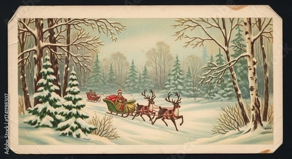 Obraz Vintage Christmas card with reindeer sleigh gliding through snowy forest
