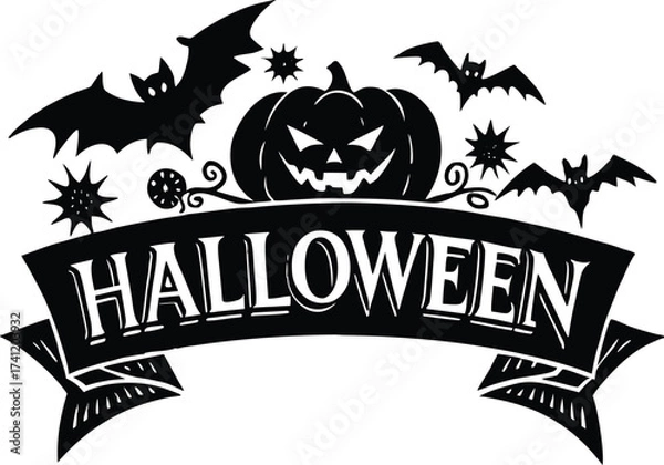 Obraz Halloween vector art of halloween themed illustration showcasing a grinning pumpkin, a spider, and a larger spider, all above a banner with the word halloween in a dripping font	
