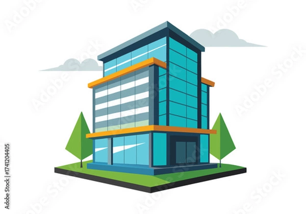 Fototapeta Modern glass office building with trees and clouds in a flat design style