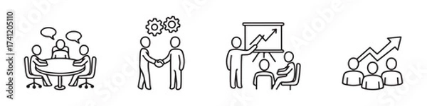 Fototapeta Team meeting icons set. Hand-drawn doodle style, work team symbols, outline line drawings, clipart collection.
