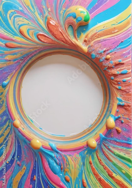 Fototapeta Cover. Vibrant abstract paint swirl with central white circular frame. White field.