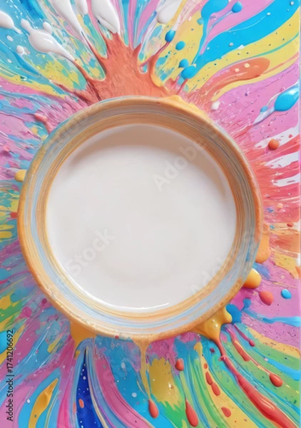 Fototapeta Cover. Vibrant abstract paint swirl with central white circular frame. White field.