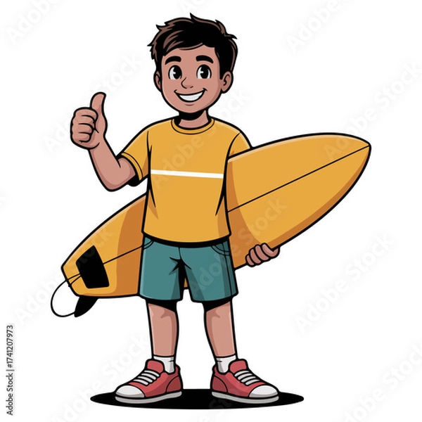 Fototapeta A cartoon of a young boy holding a surfboard and giving a thumbs-up. 