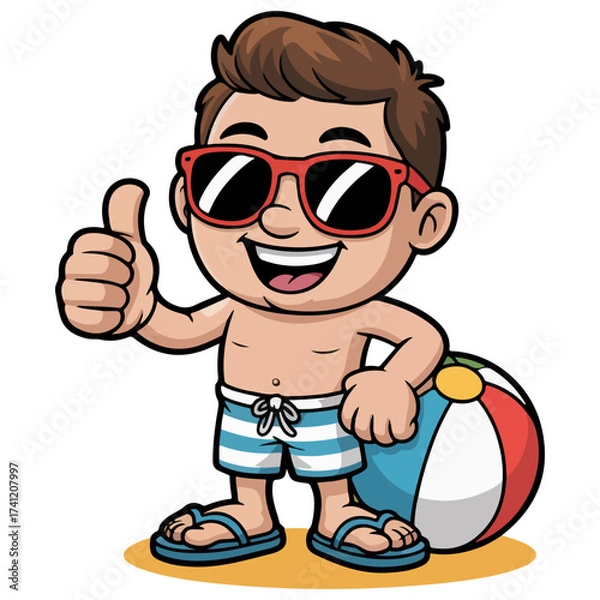 Fototapeta Boy with a beach ball and sunglasses giving a thumbs up. This image evokes feelings of summer fun, vacation, and relaxation.
