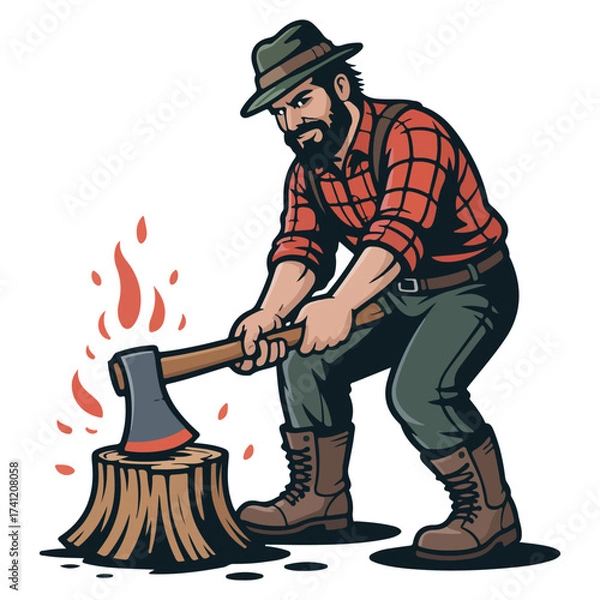 Fototapeta A lumberjack, diligently chopping wood with an ax