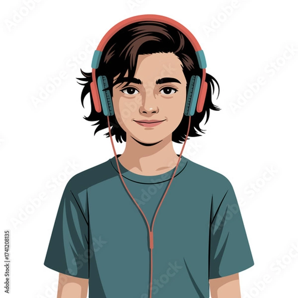 Fototapeta A young individual enjoying music with headphones on. The person is smiling and appears relaxed and happy.