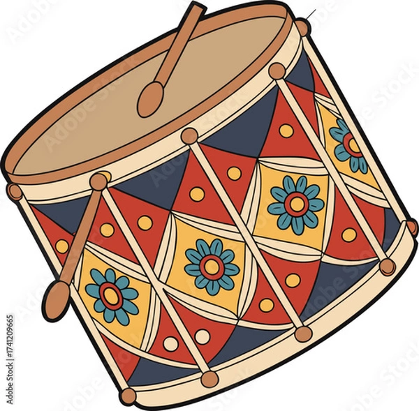 Fototapeta Colorful toy drum with drumsticks and floral pattern