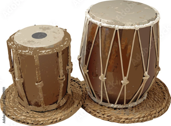Fototapeta Indian tabla drums on woven mats indian drums percussion