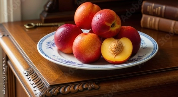 Obraz apples, plate, wooden table, books, warm lighting, detailed, photorealistic
