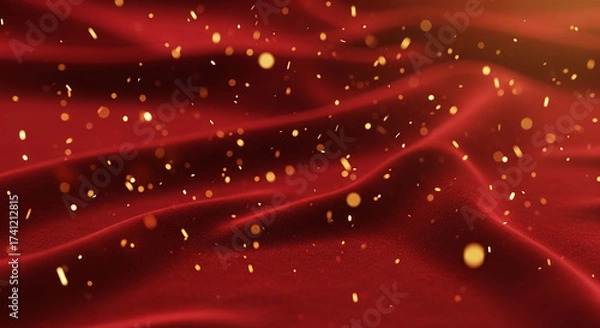 Fototapeta Luxurious Red Wavy Background with Golden Shimmering Particles. Elegant Flowing Fabric Texture and Bokeh Light Effect for Celebrations, Holidays, and Festive Design.