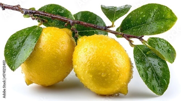 Fototapeta Bright lemon with branch and green leaves on white background 