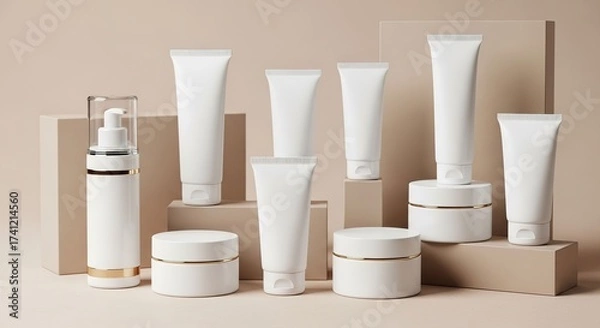 Fototapeta Minimalist Skincare Product Display with Cream Tubes and Jars.