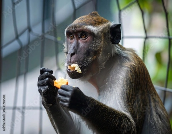 Fototapeta Monkey eating fruit behind bars