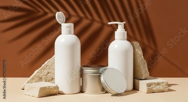 Fototapeta Minimalist Skincare Product Display with Natural Elements and Warm Tones.
