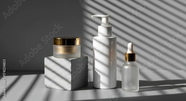 Fototapeta Minimalist Skincare Product Display with Sunlight and Shadows.