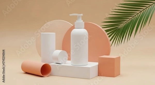 Fototapeta Minimalist Skincare Product Display with Tropical Leaf.